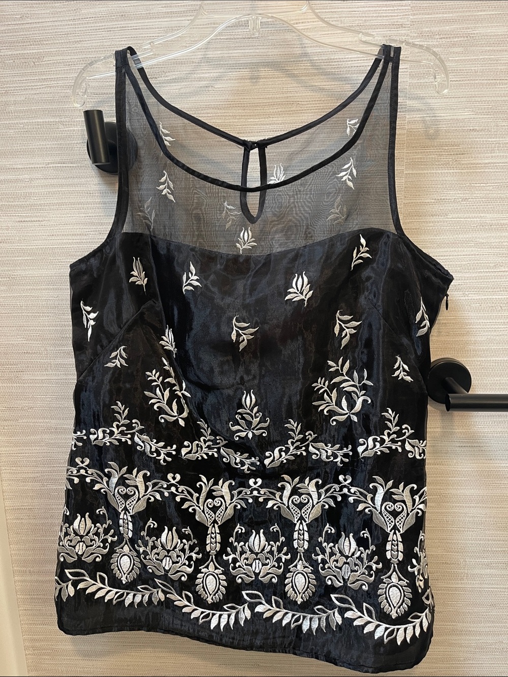 White House Black Market Black Camisole with White Embroidered Motif